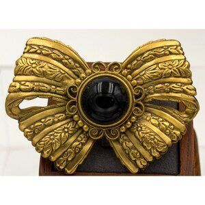 Vintage Andrew Spingarn Brooch Bow  Gold Tone Black Glass Cabochon MCM New York